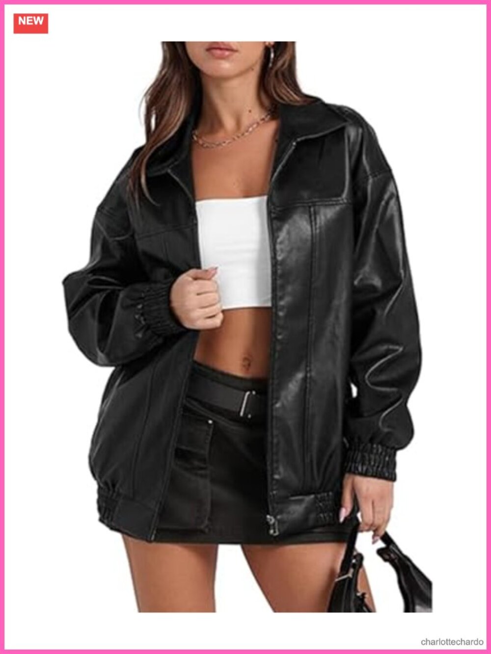 Oversized Faux Leather Jacket Zip Up Moto Biker Bomber Coat